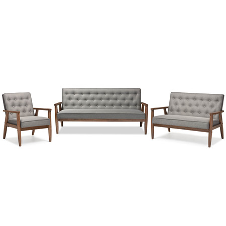 BAXTON STUDIO Sorrento Grey Upholstered Wooden 3 Piece Living room Set 122-6766-6769-6772